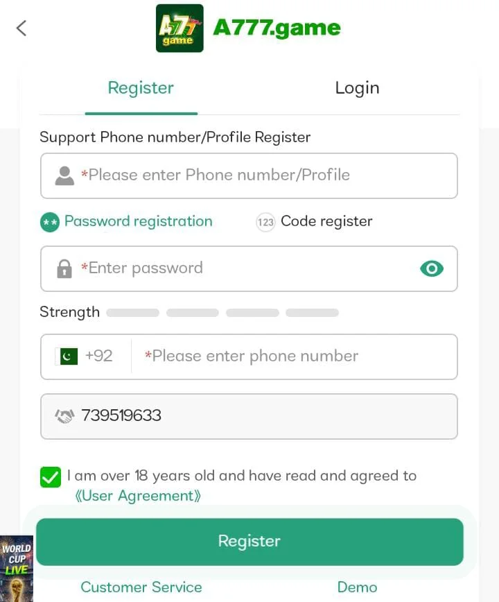A 777 Game register, login