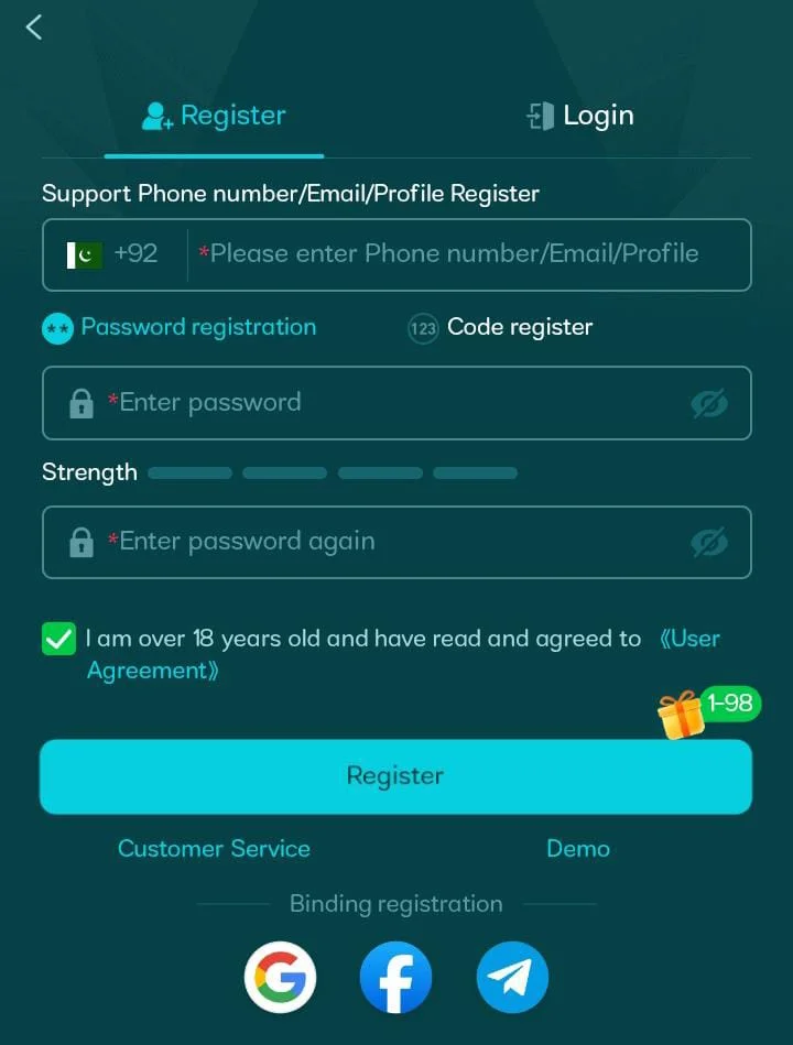 HH 98 Game register, login
