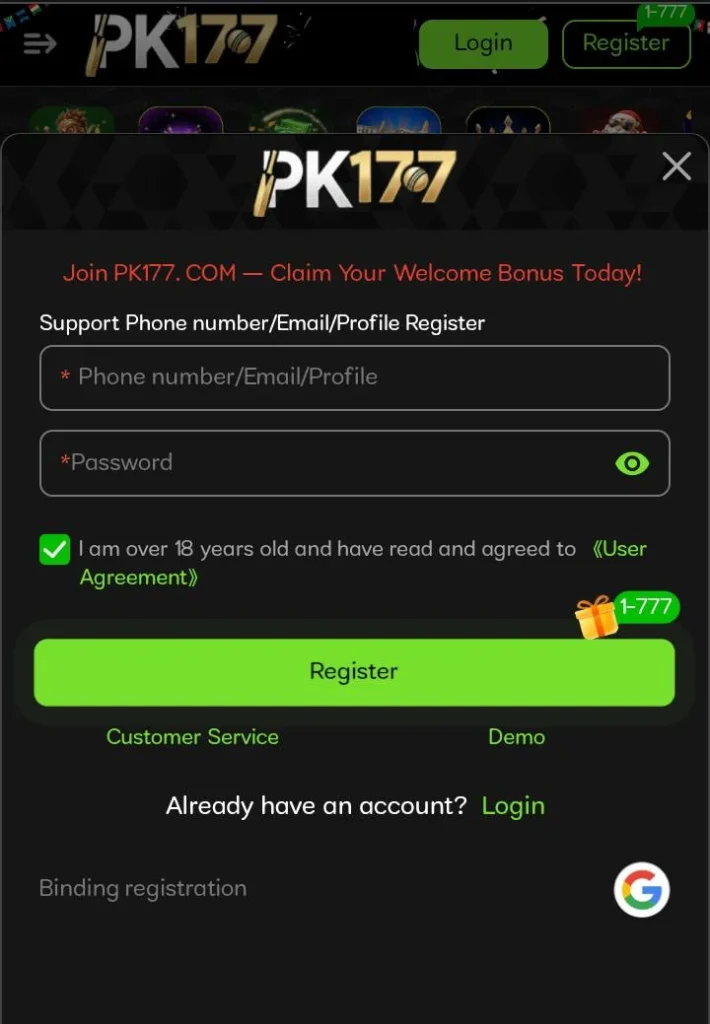 PK 177 Game login, registration