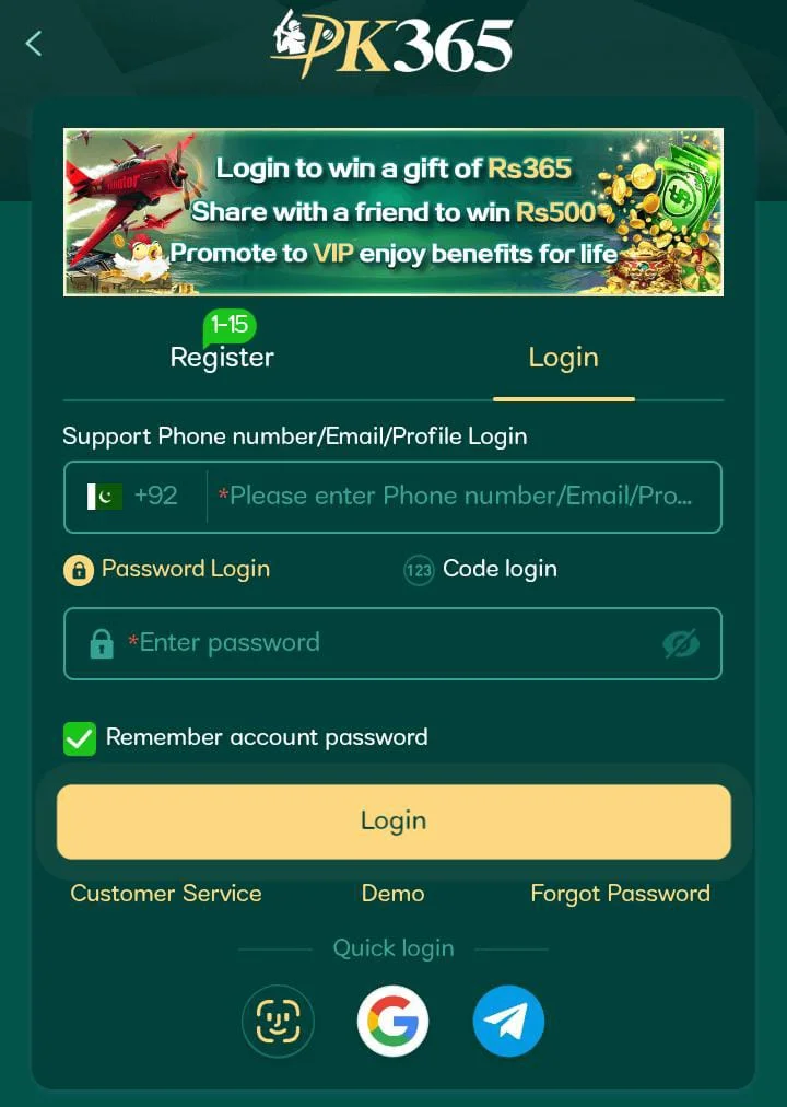 PK 365 Game register, login
