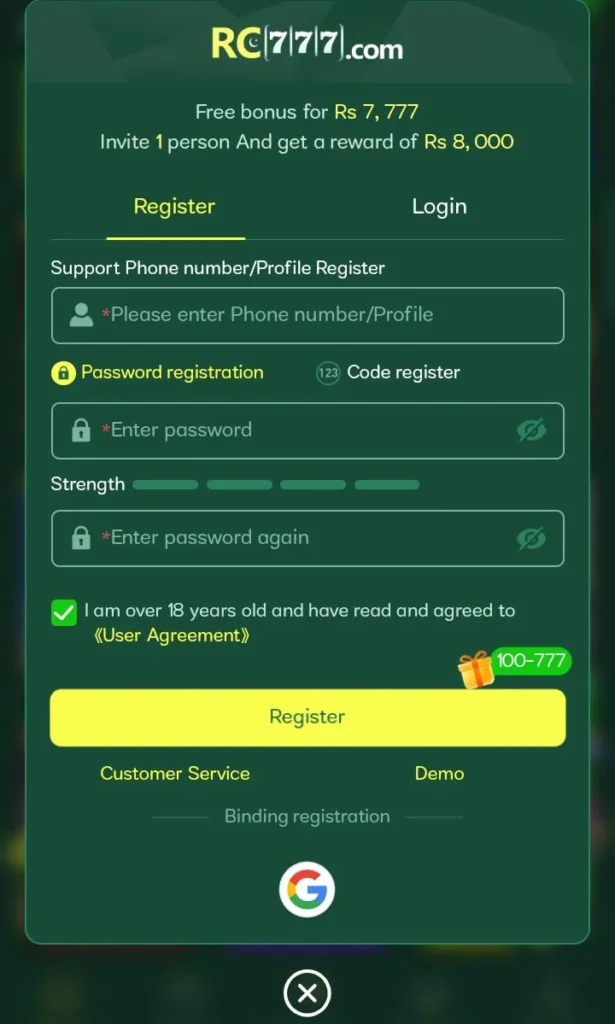 Rc777 Game register, login
