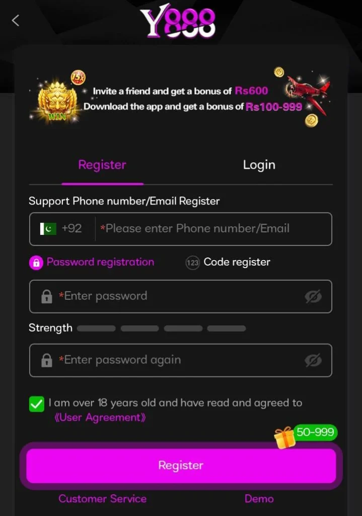 Y 88 Game register, login