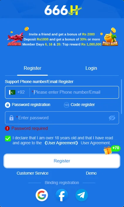 66h Game register, login